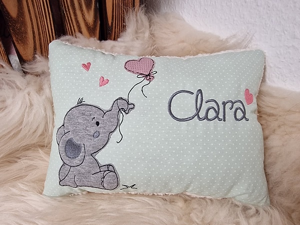 Kissen Taufkissen Elefant mit altrosa Herz Punkte mint & Wunschnamen W734