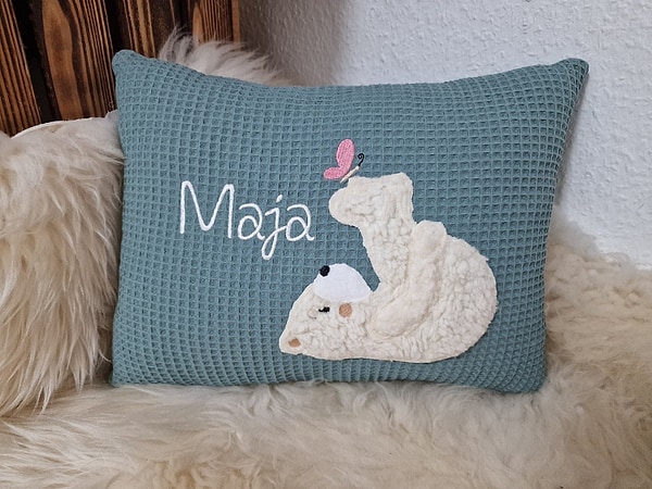 Kissen Taufkissen Bär Teddy Schmetterling dustymint Waffel & Wunschnamen W769