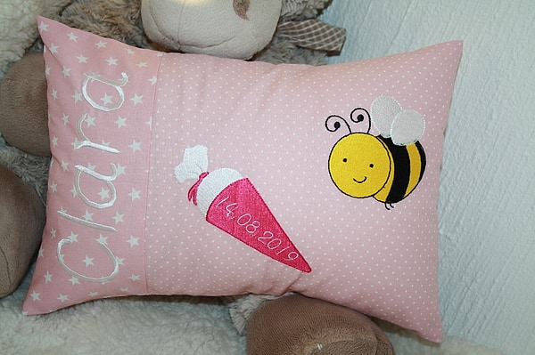 Kissen Schultüte Biene Einschulung rosa & Wunschnamen W1182