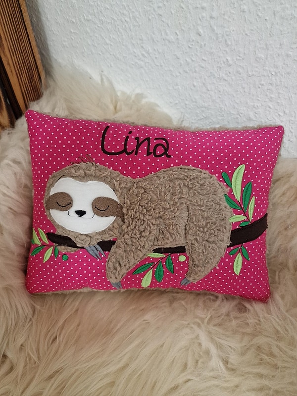 Kissen Taufkissen Faultier schlafend Punkte pink & Wunschnamen W1704