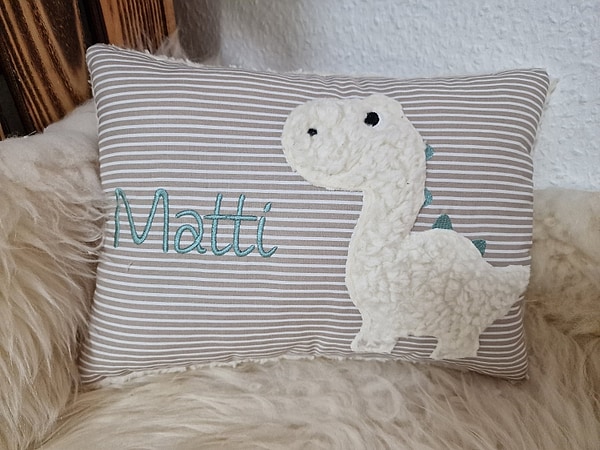 Kissen Taufkissen Dino Dinosaurier Streifen beige Schrift mint & Wunschnamen W727