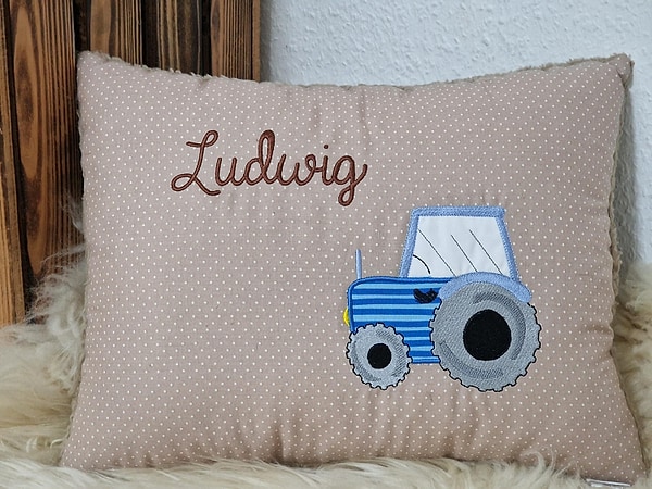 Kissen Taufkissen Traktor hellbeige Punkte & Wunschnamen W1584