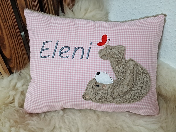Kissen Taufkissen Bär Teddy Schmetterling rosa Karo roter Schmetterling & Wunschnamen W832