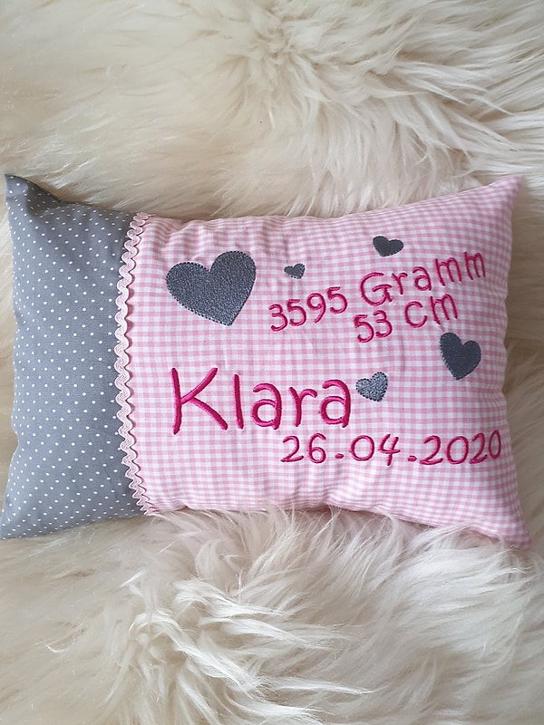 Kissen viele Herzen grau rosa  & Wunschnamen W1423
