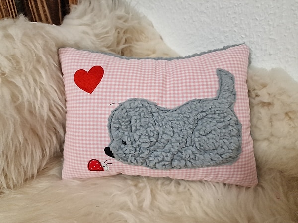 Kissen Taufkissen Hund Marienkäfer grau rosa Karo & Wunschnamen W935