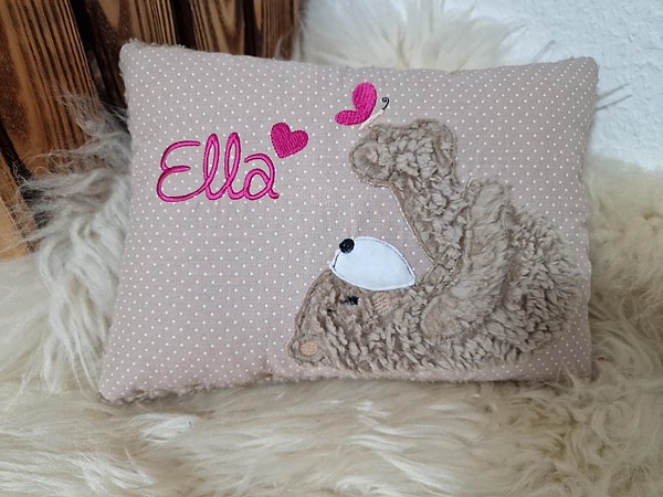 Kissen Taufkissen Bär Teddy Schmetterling beige (hell) Punkte pink & Wunschnamen W1587