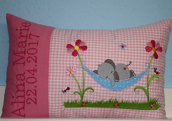 Kissen Elefant Hängematte dunkelrosa Karo rosa & Wunschnamen W834