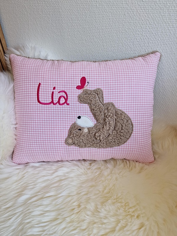 Kissen Taufkissen Bär Teddy Schmetterling rosa Karo & Wunschnamen W876