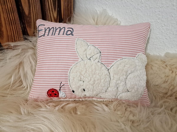Kissen Hase Marienkäfer rosa Streifen (kräftig) & Wunschnamen W1549