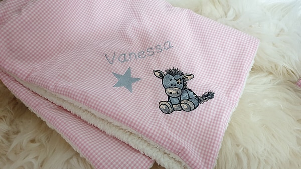 Babydecke Decke Kuscheldecke Esel Stern rosa Karo & Wunschnamen W55