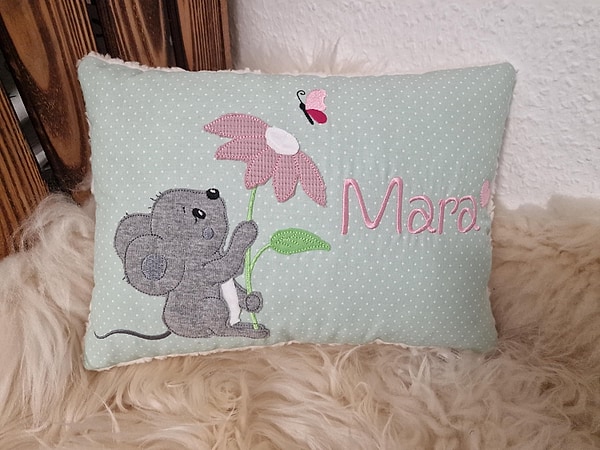Kissen Taufkissen Maus Mäuschen Blümchen Schmetterling Punkte mint & Wunschnamen W828