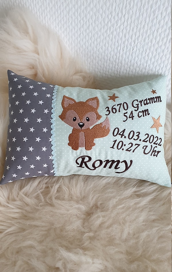 Kissen Geburtskissen Fuchs Sterne grau Punkte mint & Wunschnamen W1025