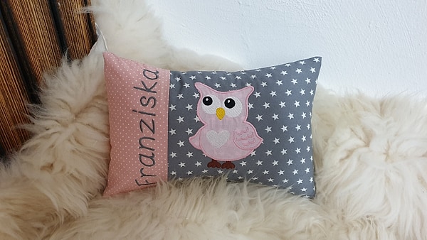 Kissen Eule rosa Punkte graue Sterne & Wunschnamen W799
