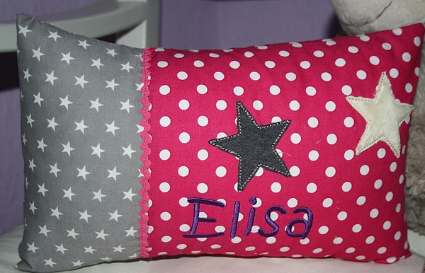 Kissen 2 Sterne graue Sterne pink Dots & Wunschnamen W1192