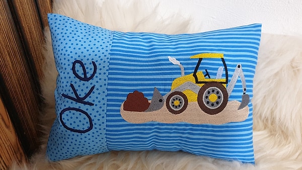 Kissen Geburtskissen Bagger blau & Wunschnamen W888