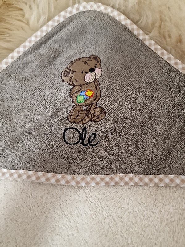 Babybadetuch Kapuzenhandtuch Bär Teddy Flicken beige braun & Wunschname W457