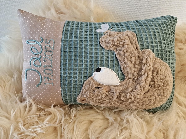 Kissen Taufkissen Bär Teddy Schmetterling Punkte hellbeige Waffel dustymint 2tl & Wunschnamen W1512