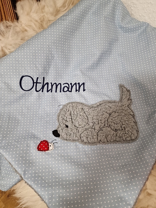 Babydecke Decke Kuscheldecke Hund Marienkäfer Punkte hellblau & Wunschnamen W53