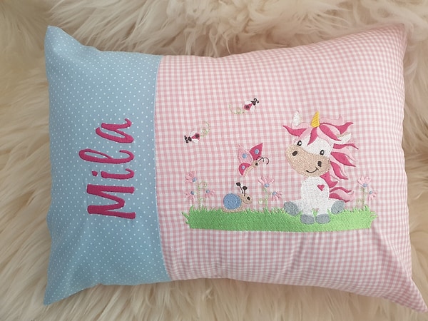 Kissen Einhorn Punkte hellblau Karo rosa & Wunschnamen W883