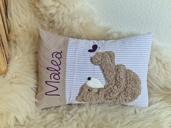 Kissen Taufkissen Bär Teddy Schmetterling Punkte hellbeige Streifen flieder lila 2tl & Wunschnamen W1790