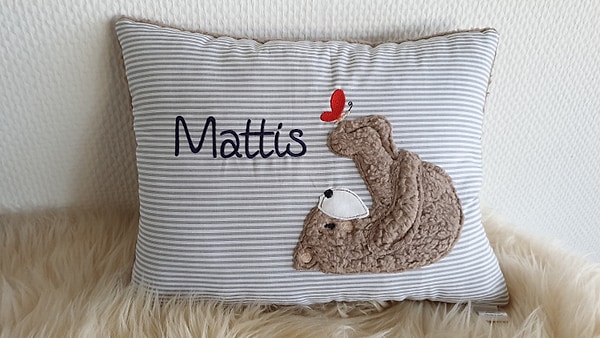 Kissen Taufkissen Bär Teddy Schmetterling Streifen grau & Wunschnamen W785