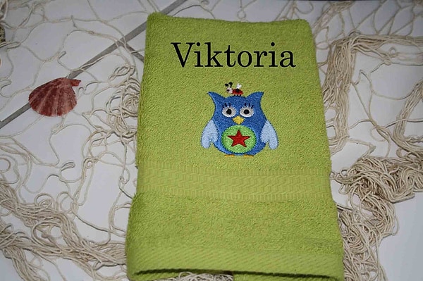 Handtuch Eule blau Stern mit Namen bestickt W431