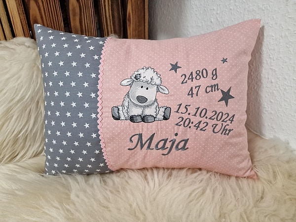 Kissen Geburtskissen Schaf Sterne grau Punkte rosa & Wunschnamen W1493