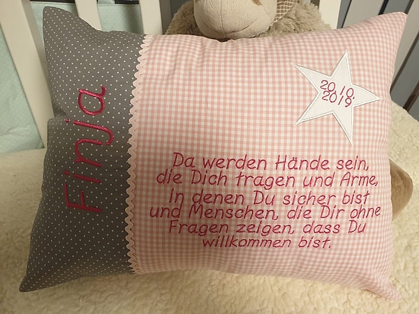 Taufkissen Kissen Taufspruch Spruch Stern Punkte grau rosa Karo & Wunschnamen W1406