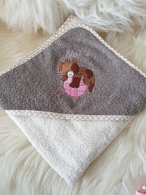 Babybadetuch Kapuzenhandtuch Katze Kätzchen beige & Wunschname W335