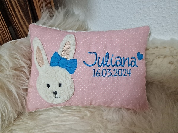 Kissen Taufkissen Hase Hasenmädchen Schrift türkis rosa Punkte & Wunschnamen W782