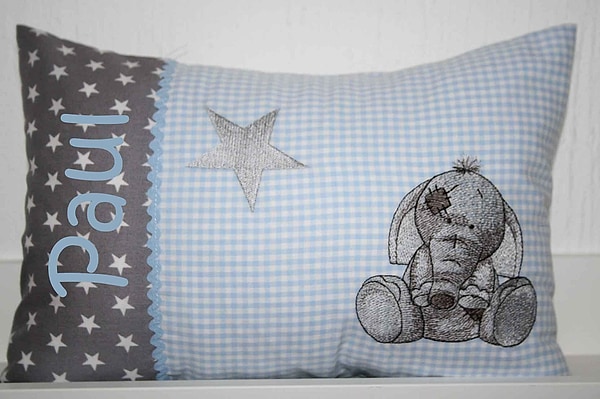 Kissen Elefant Stern Sterne grau Karo hellblau & Wunschnamen W953
