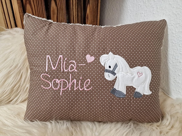 Kissen Taufkissen Pferd Pony dunkelbeige Punkte & Wunschnamen W1490