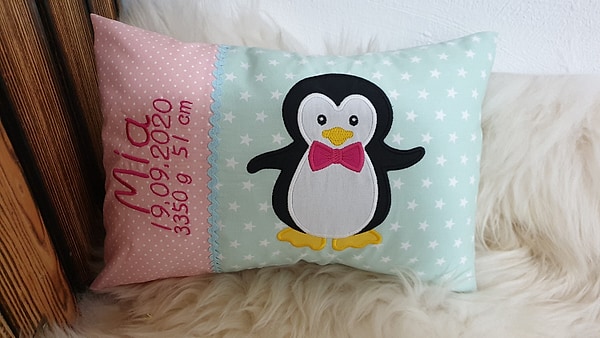 Kissen Pinguin rosa mint & Wunschnamen W1088