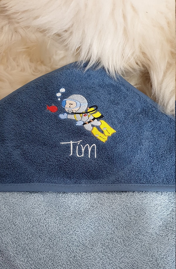 Babybadetuch Kapuzenhandtuch Taucher stahl-dunkelblau & Wunschname W496