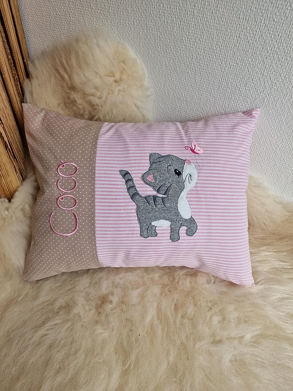 Kissen Taufkissen Katze Schmetterling Streifen rosa 2tl & Wunschnamen W1795