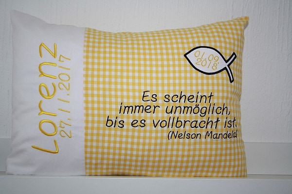 Taufkissen Kissen Taufspruch Spruch Fisch weiß gelb & Wunschnamen W1321