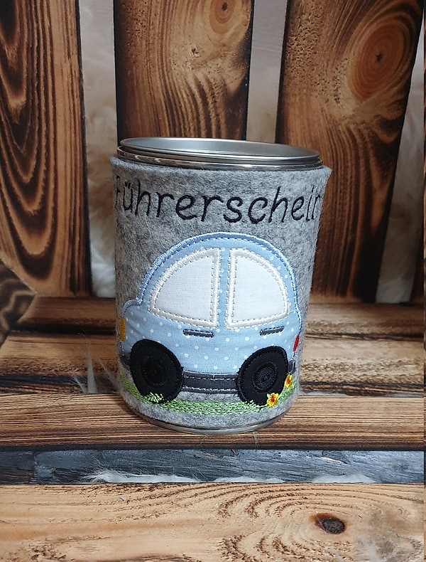 Spardose Führerschein Auto blau Wollfilz W154