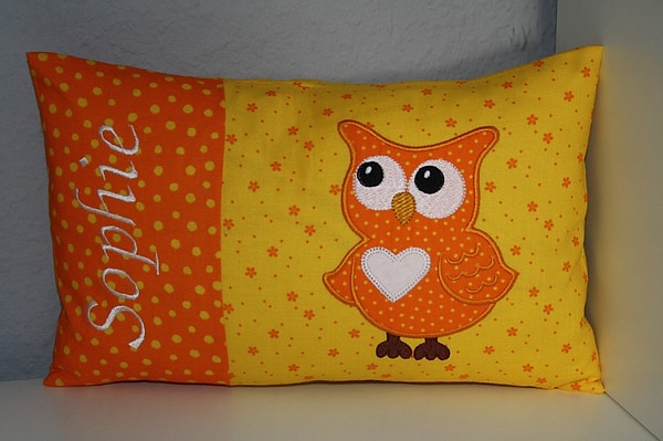 Kissen Eule orange gelb & Wunschnamen W1357
