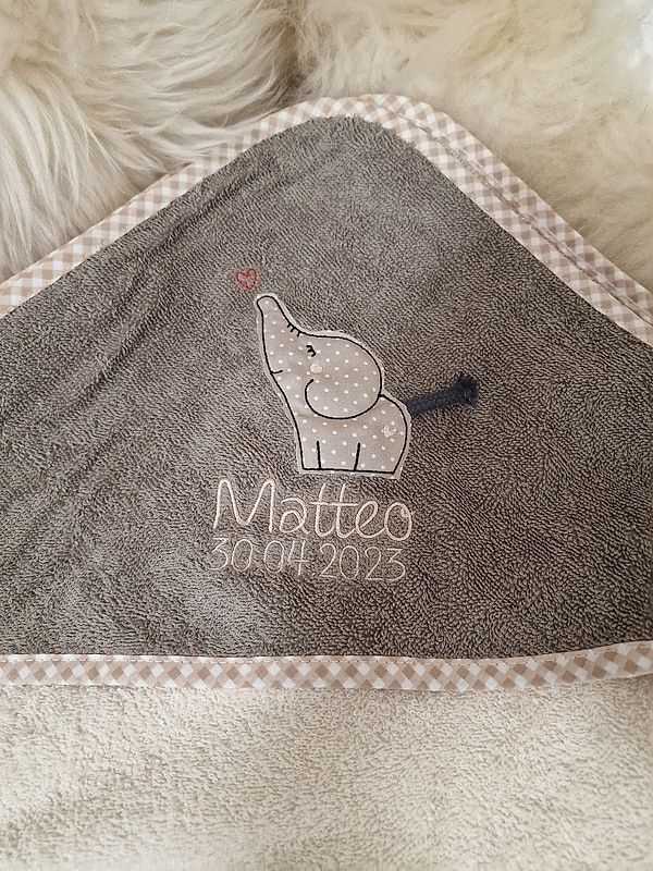 Babybadetuch Kapuzenhandtuch Elefant beige & Wunschname W369