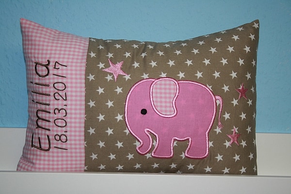 Kissen Elefant Karo rosa Sterne beige & Wunschnamen W1372