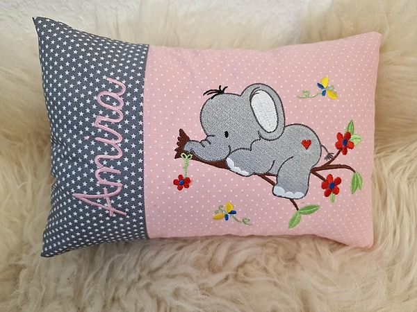 Kissen Elefant auf dem Ast kleine Sterne grau Punkte rosa & Wunschnamen W1496