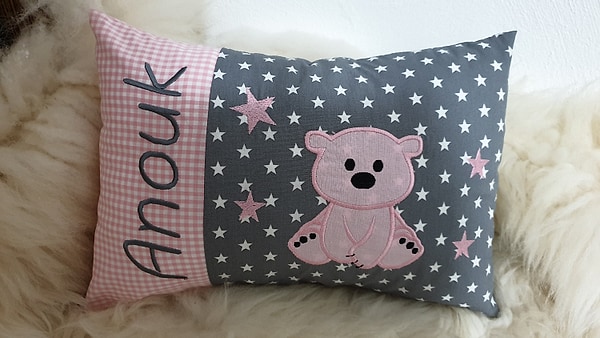 Kissen Bär Teddy rosa Sterne grau & Wunschnamen W1129