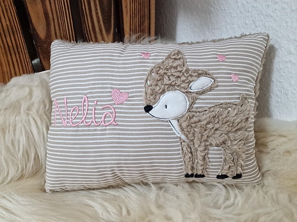 Kissen Taufkissen Reh Kitz beige Streifen Plüsch & Wunschnamen W1546