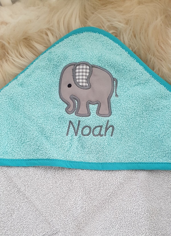 Babybadetuch Kapuzenhandtuch Elefant #3 mint/grau & Wunschname W547