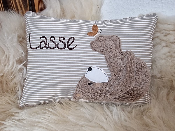 Kissen Taufkissen Bär Teddy Schmetterling beige Streifen & Wunschnamen W716