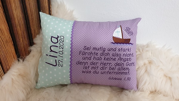 Taufkissen Kissen Taufspruch Spruch Boot Sterne mint flieder Schrift & Wunschnamen W1411