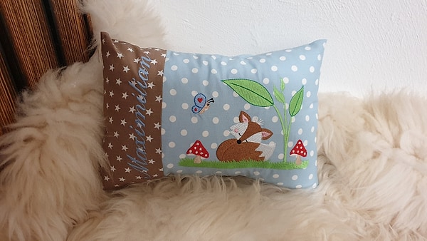 Kissen Fuchs Sterne beige Dots hellblau & Wunschnamen W910