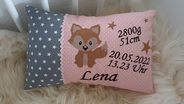 Kissen Geburtskissen Fuchs Sterne grau Punkte rosa & Wunschnamen W1279