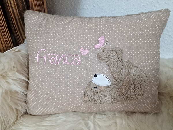 Kissen Taufkissen Bär Teddy Schmetterling beige (hell) Punkte & Wunschnamen W780
