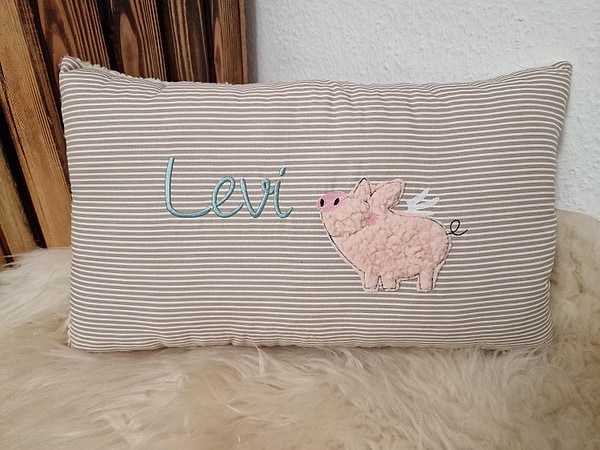Kissen Taufkissen Schwein Schweinchen Glücksschwein Glück Streifen beige & Wunschnamen W1738